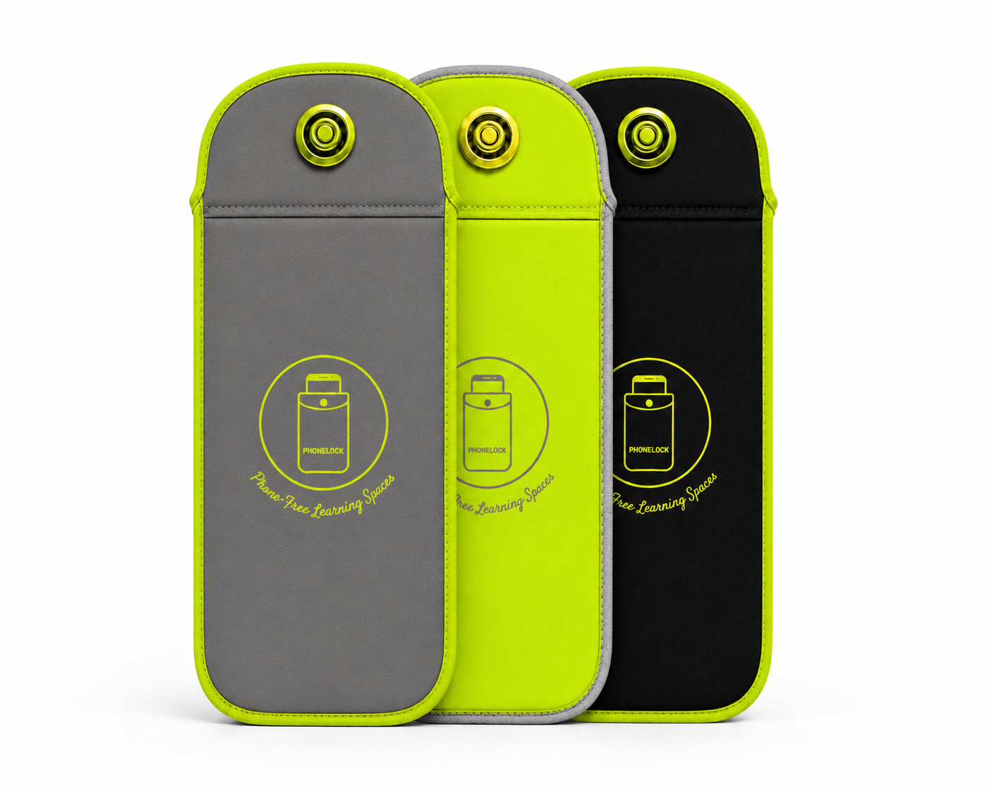 PhoneLock phone pouches standing upright in grey, neon green and black
